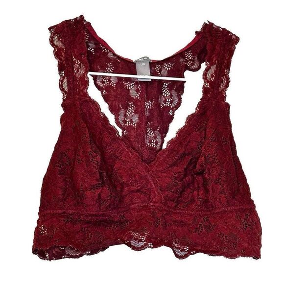Aerie Floral Lace Sexy Full Coverage Wireless Racerback Bralette Burgundy Large - Picture 1 of 4